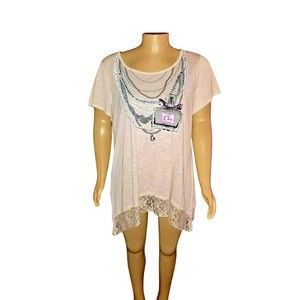 Style & Co. Beige Lace Scoop Neck Embellished Graphic T-Shirt 2X NWT